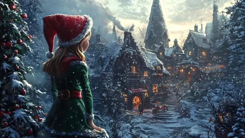 Snowy village glows warmly as a young girl in elf clothes watches
