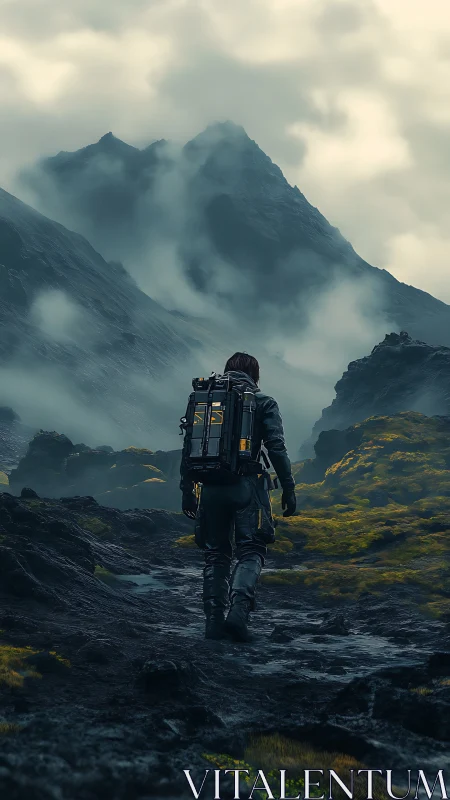 Lone explorer crosses misty alien highlands in somber silence