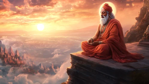 Meditating sage overlooks sunlit celestial mountain city.