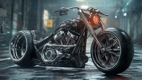 Custom chrome motorcycle gleams under neon rain at night