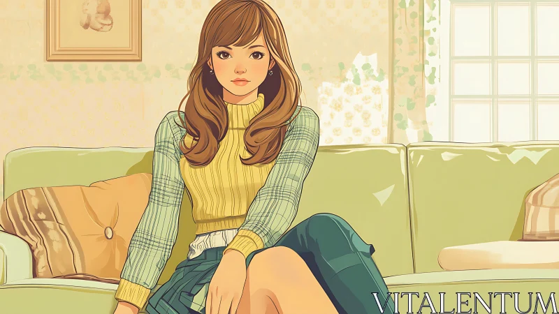 Calm young woman rests on a pastel sofa in sunlit room