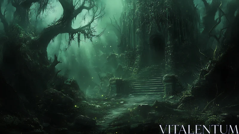 Ancient overgrown temple looms in eerie green forest gloom