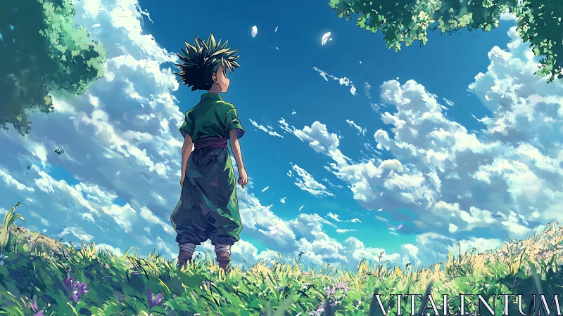 Boy under vast summer sky studies drifting clouds silently.