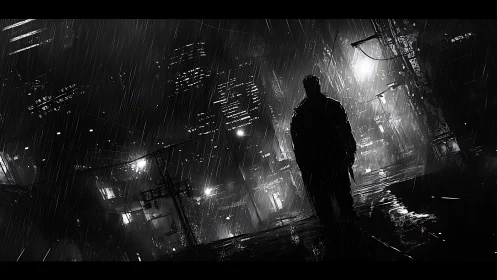 Silhouette stands in rainy night city street with harsh lights