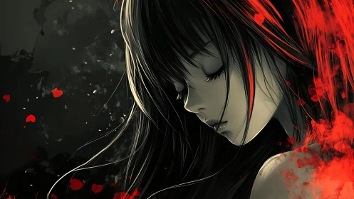 Melancholic anime girl framed in red and black silence.