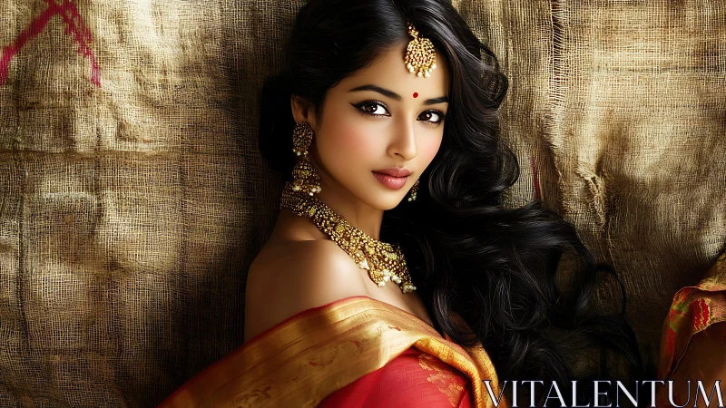 Elegant woman in traditional sari glows against rustic fabric
