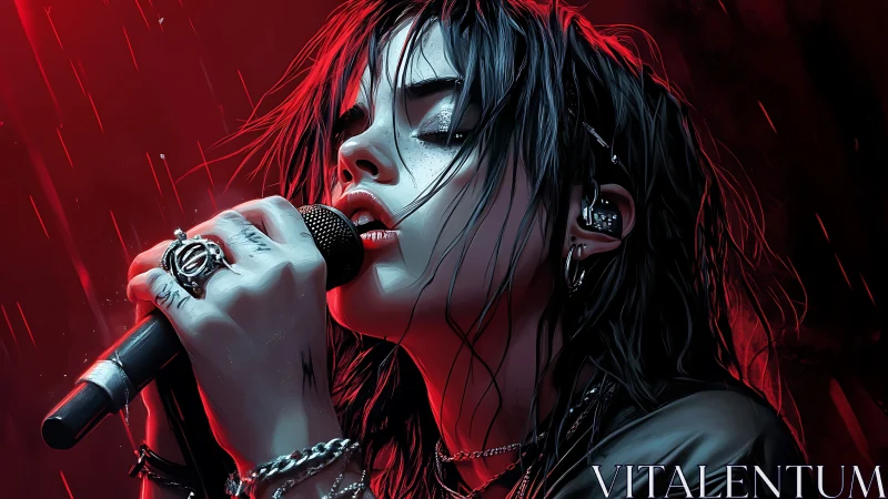 Stormlit punk singer in crimson rain, digital portrait.
