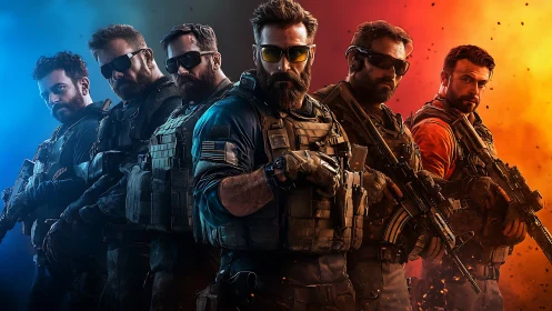 Tactical squad stands united between fiery and cool skies.