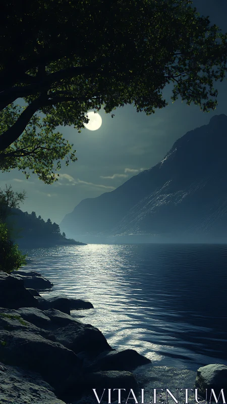 Moonlit lake hush beneath a leaning dream-tree canopy.