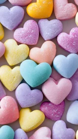 Assortment of heart-shaped candy objects with textured surfaces.