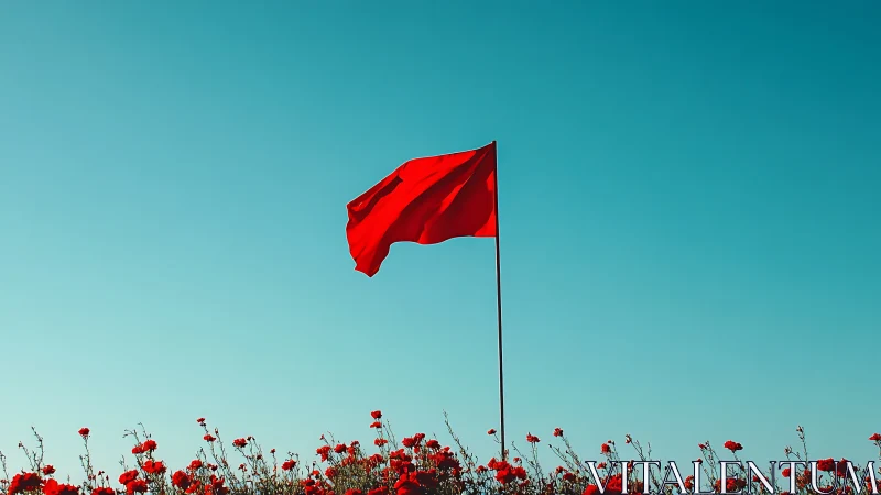 Scarlet signal flag above wildflower sea in turquoise sky.