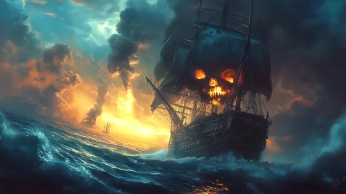 Haunted pirate ship burns across a storm-lit twilight sea