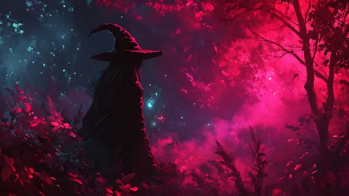 Silhouetted witch in glowing red and blue enchanted forest.