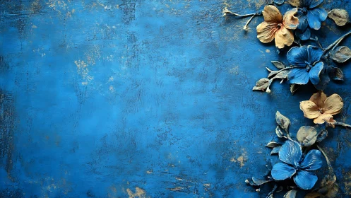 Distressed Blue Acrylic Surface with Metallic Floral Botanical Accents