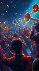 Brass band musicians fill a starry night with shining sound