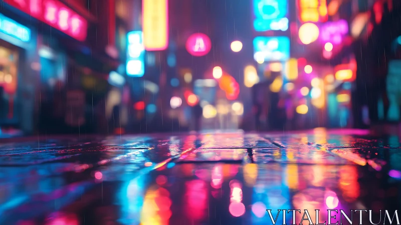 Rainy neon street glowing with soft night reflections.