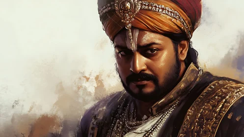 Regal warrior portrait shows intense gaze and ornate armor