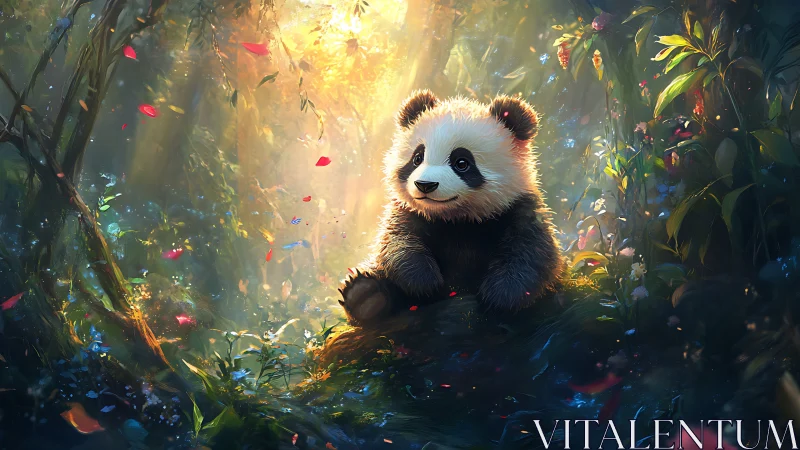 Sunlit panda cub dreaming in a spelllit forest glade.
