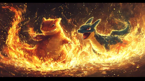 Fire-elemental dragons engaged in combat scenario.