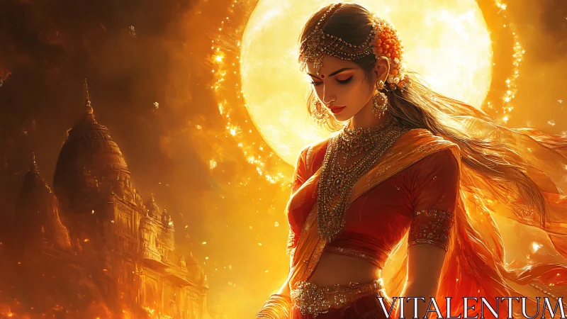 Backlit Indian woman framed by solar halo and temple silhouette