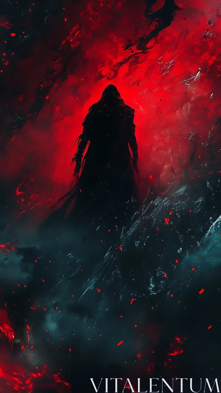 Mysterious cloaked wanderer in glowing red cosmic storm.