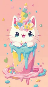 Cute pastel cat unicorn dessert in melting candy cup.