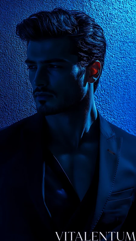 Cinematic blue side-light portrait sculpts male profile sharply