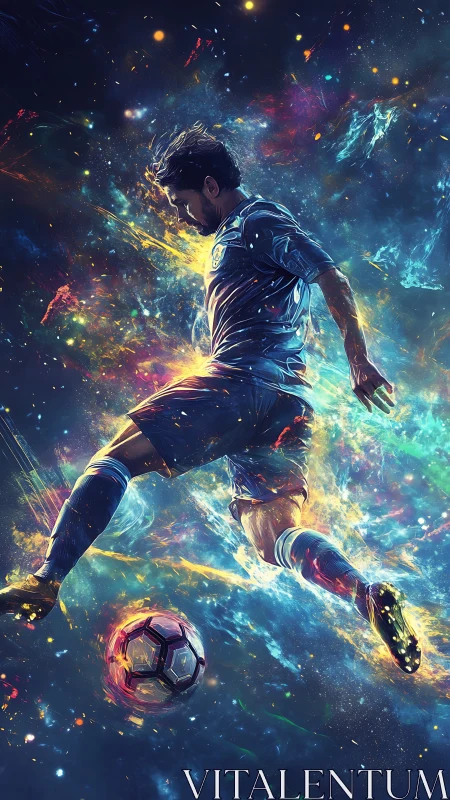 Galactic football striker suspended in luminous motion.