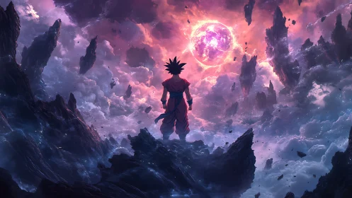 Lone warrior studies glowing planet over shattered sky.