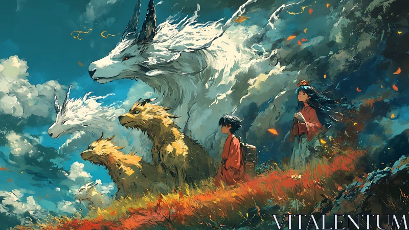 Human figures with large spectral canids in open landscape.