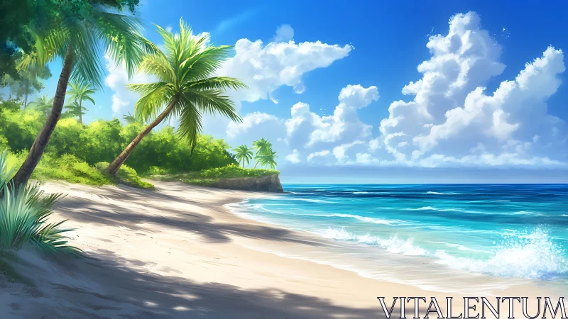 Tropical Paradise Beach with Palm Trees and Turquoise Waters.