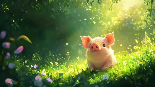 Cute piglet sits in glowing forest clearing under warm sun