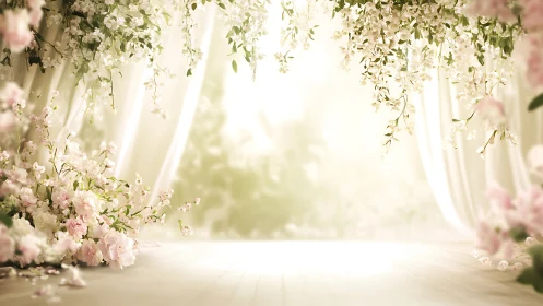 Soft floral wedding aisle glows with romantic morning light