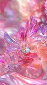 Translucent crystalline floral forms in pink fluid field.
