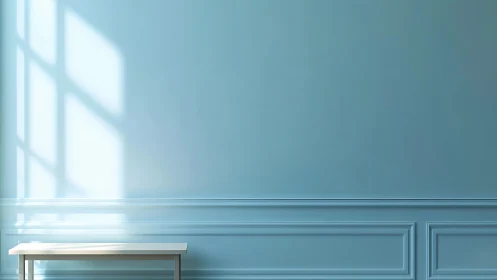Sunlit blue wall with molding and minimalist white bench.