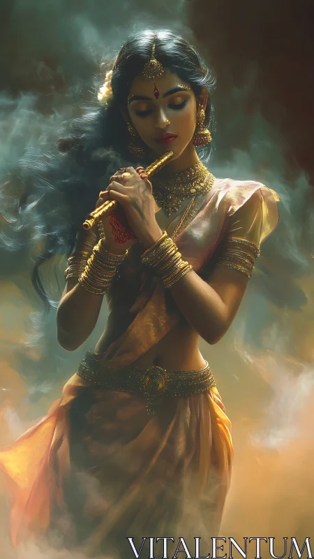 Mythic flutist in volumetric haze with luminous textiles.