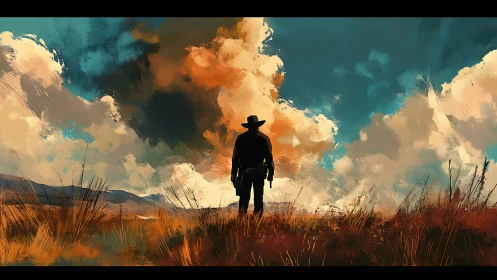 Lone gunslinger melts into thunderhead skies at dusk