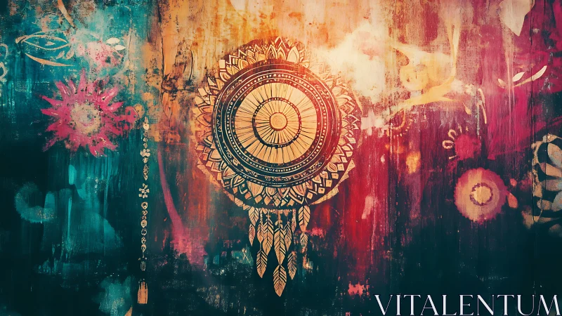 Mandala dreamcatcher motif centered on textured abstract wall
