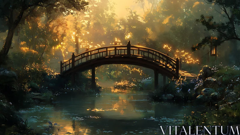 Golden hour wooden bridge over tranquil forest stream.
