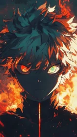 Dual flame gaze of a determined anime hero in firelight.