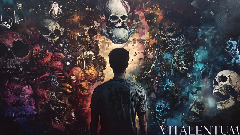 Man confronts surreal wall of skulls and demons in chaos.