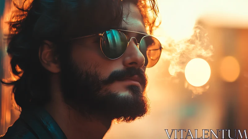 Bearded man in sunglasses against golden urban sunset.