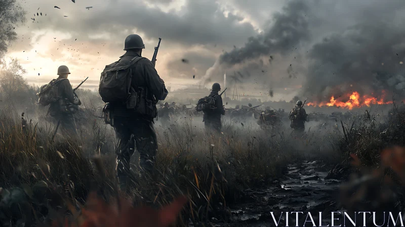 Photorealistic battlefield squad advancing through smoke and fire.