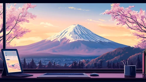 Workspace interior facing Mount Fuji with digital devices.