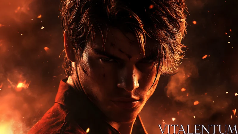 Male face emerges from dark, fiery background with sparks