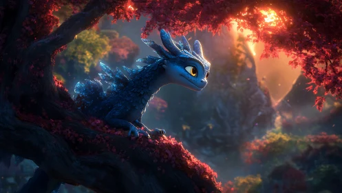 Blue dragon-like creature rests in autumn forest at sunset