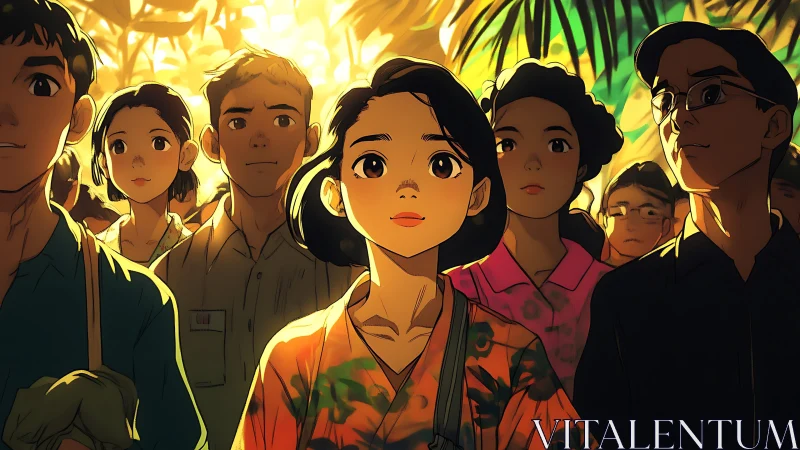 Warm sunlight gathers a hopeful crowd in gentle anime style.