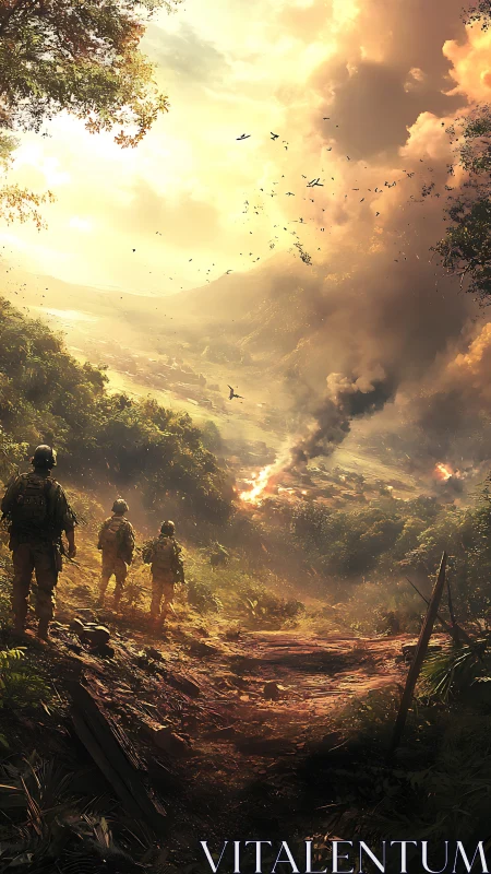 Soldiers descend jungle ridge toward burning valley battlefield