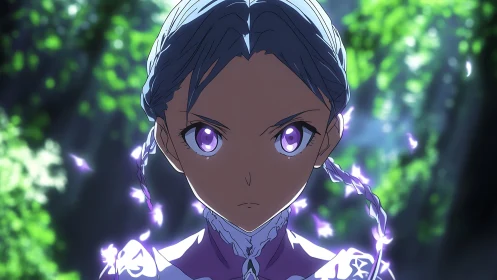 Purple-eyed anime heroine framed by luminous forest bokeh light