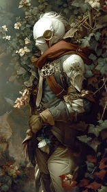 Masked ranger in ornate bio-mechanical armor amid dense foliage